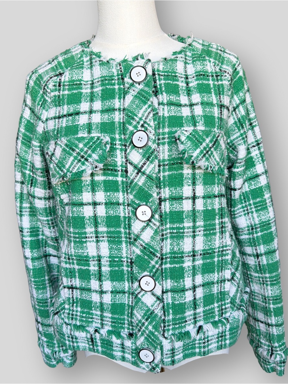 Cabi Sophia Library Jacket 5653 Green White Plaid Tweed Fringe Crop Blazer L